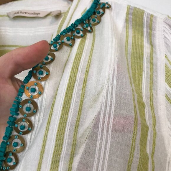 SOFT SURROUNDINGS Elisha Tunic Green White Striped Blue Beaded 100% Cotton Small - Picture 6 of 7